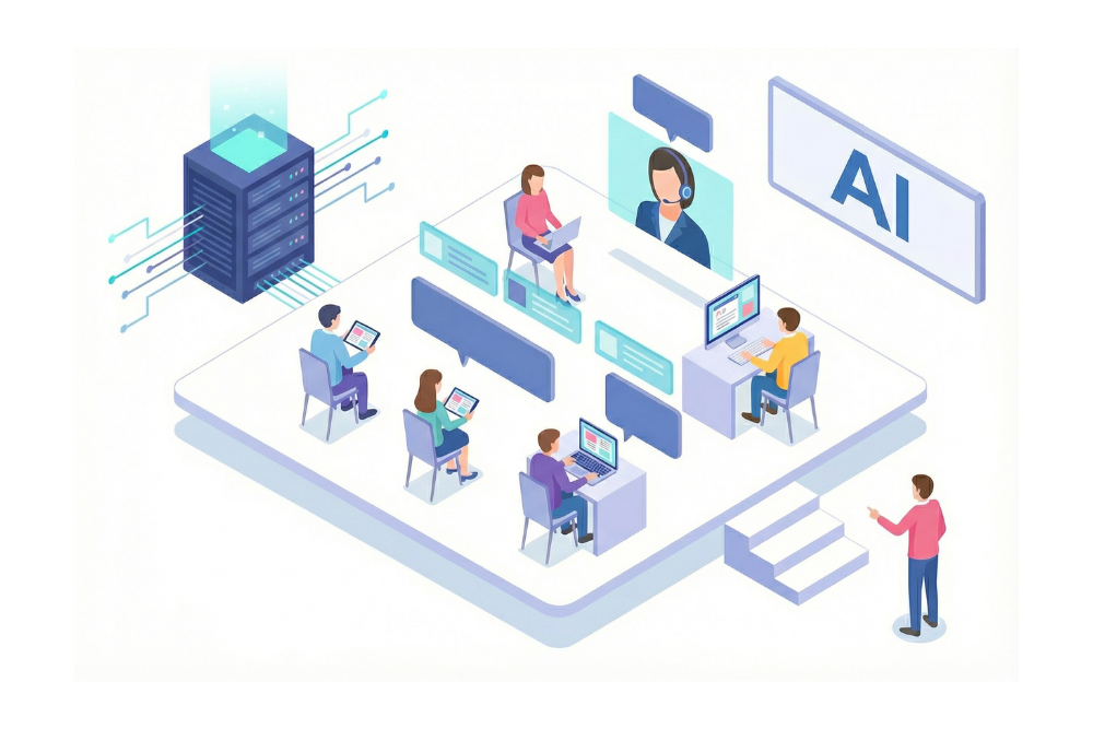 Team learning AI together in a bright office